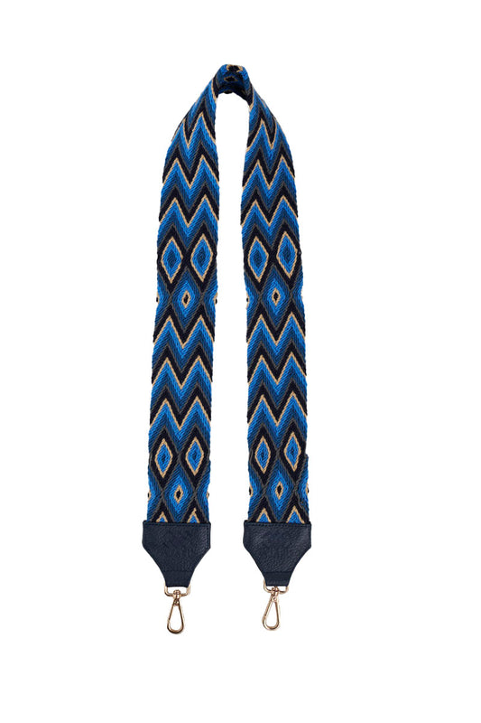 Correa tejido Wayuu Asonushü Negro Azul  cuero Azul