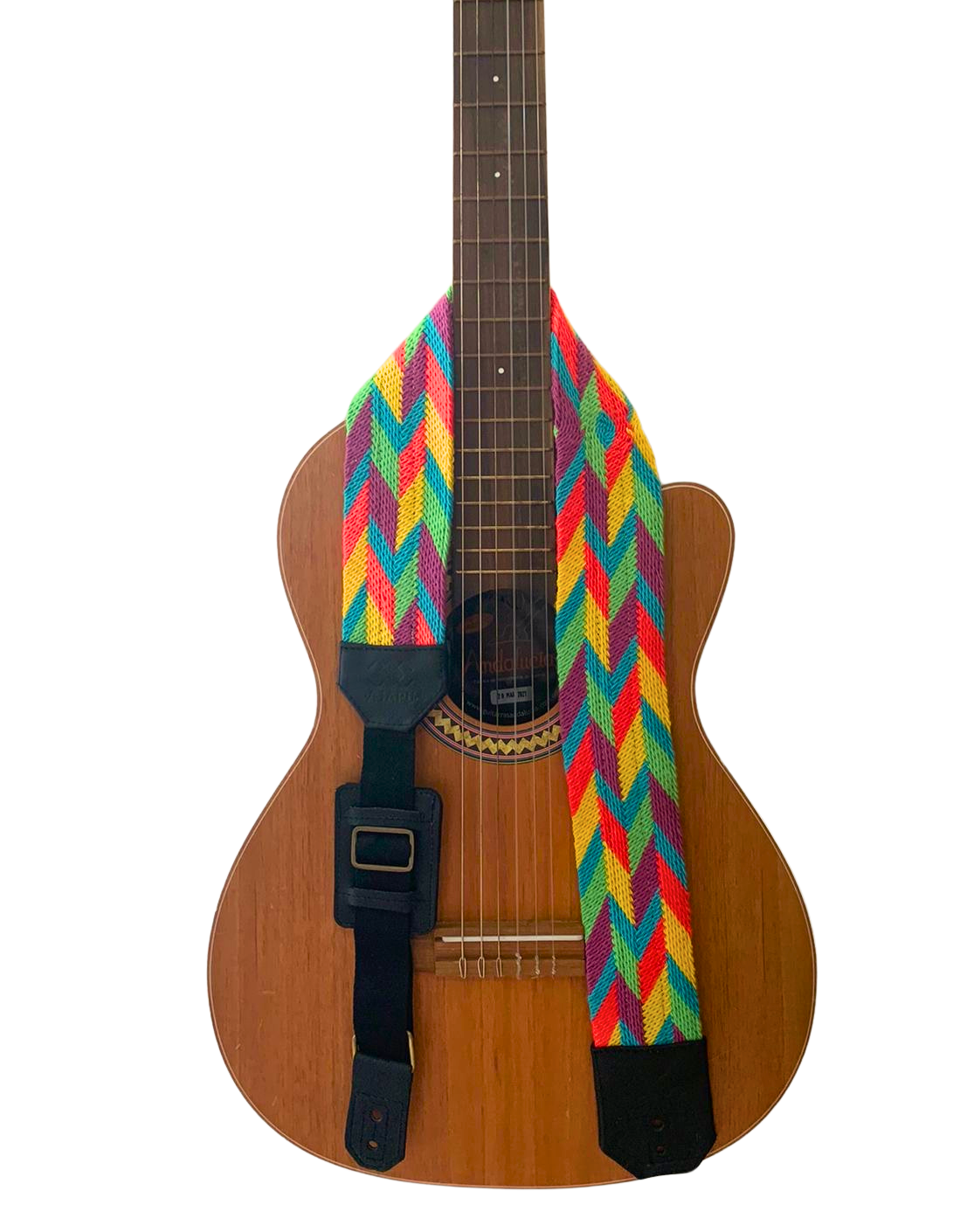 Correa Guitarra Wayuu Asonushü Lila Amarillo Cuero Negro