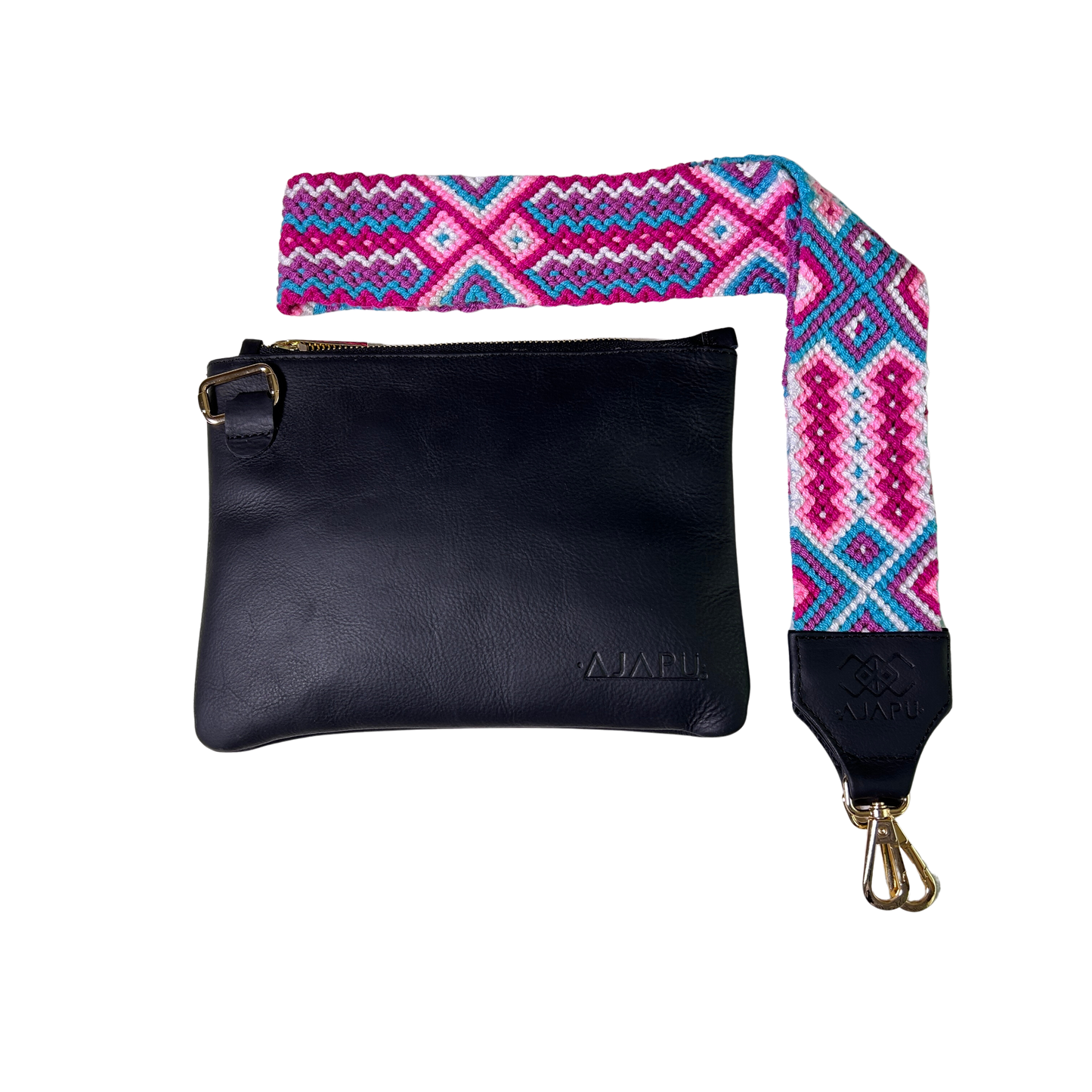 Bolso bandolera azul con correa Wayuu macramé fucsia y lila