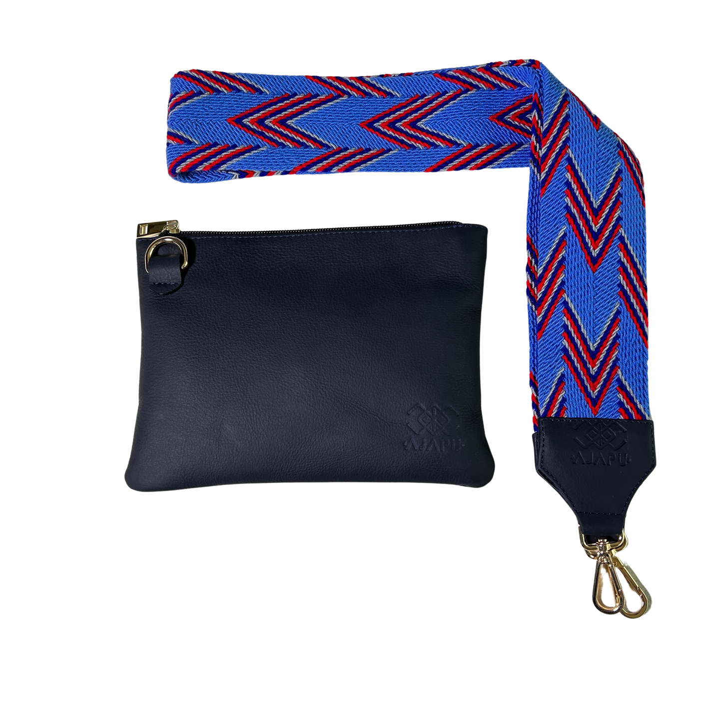 Bolso bandolera azul con correa Wayuu macramé azul y rojo