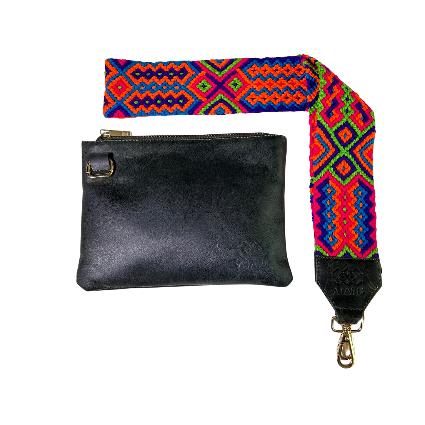 Bolso bandolera negro con correa Wayuu macramé naranja y azul
