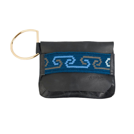 Bolso Mano negro con tejido Wayuu azul y gris Crochet Lujo