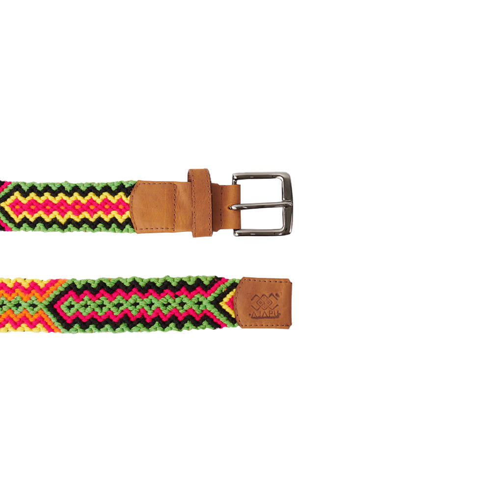 Cinturón Talla L cuero miel tejido Wayuu Macramé verde, amarillo, naranja y negro