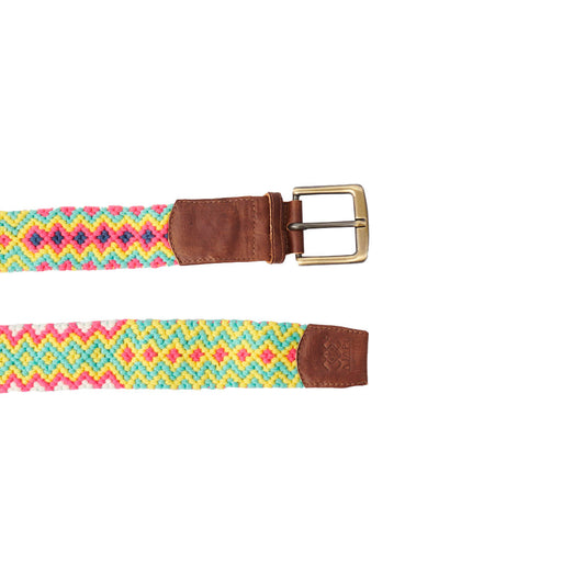 Cinturón Talla M cuero miel tejido Wayuu Macramé amarillo, rosa y azul