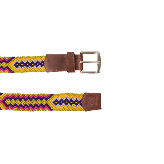 Cinturón Talla M cuero café tejido Wayuu Macramé morado, verde, amarillo y rosa