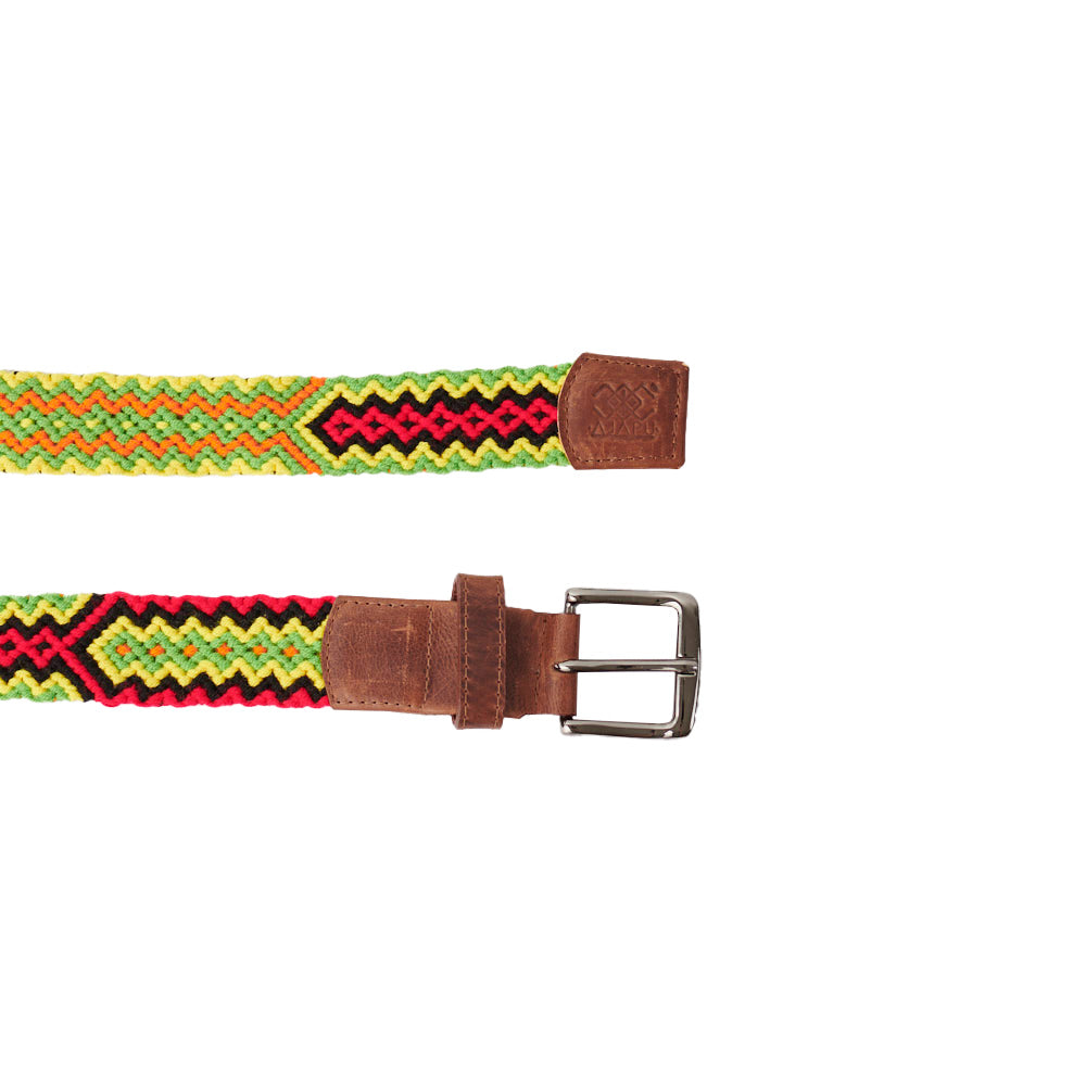 Cinturón Talla M cuero miel tejido Wayuu Macramé verde, amarillo, fucsia , negro , naranja