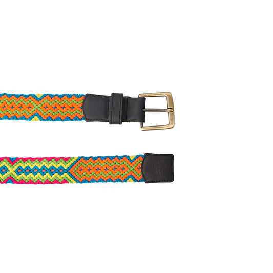 Cinturón Talla M cuero negro tejido Wayuu Macramé naranja ,azul ,amarillo, verde y fucsia