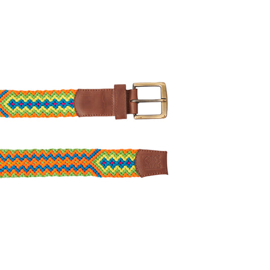 Cinturón Talla M cuero miel tejido Wayuu Macramé naranja , verde, azul y amarillo