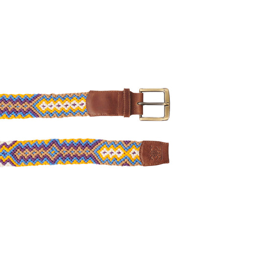 Cinturón Talla S cuero miel tejido Wayuu Macramé morado, amarillo y azul