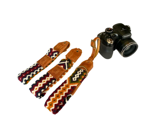 Strap Cámara para Mano Vino Tinto Verde Ocre  Cuero Miel