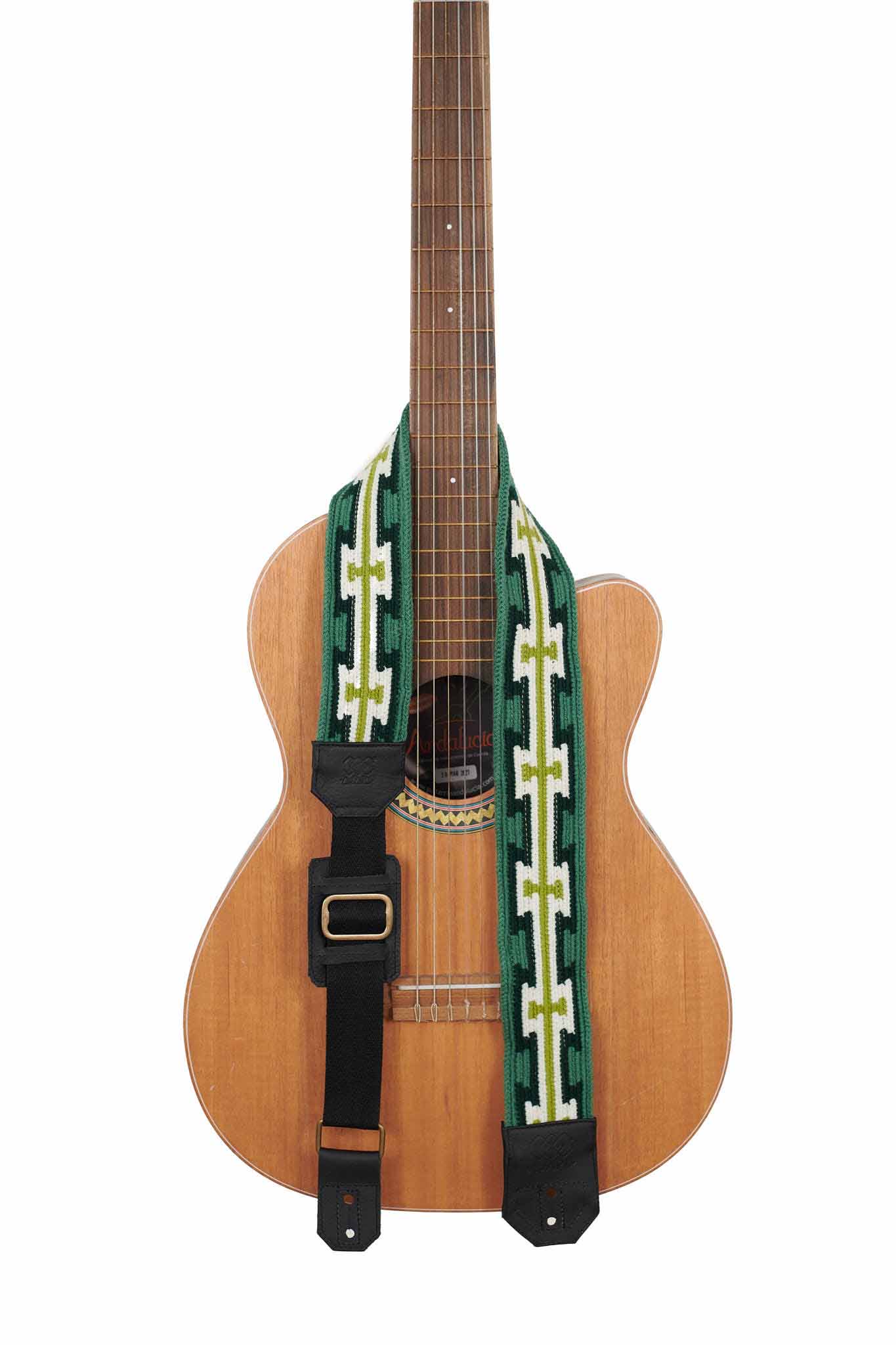 Correa Guitarra Wayuu Lujo Crochet Verdes Cuero Negro